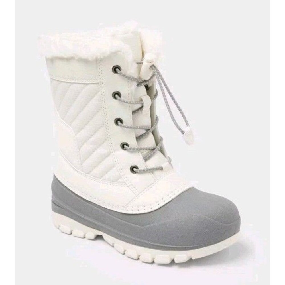 All In Motion Girls' Skylar Winter Faux Fur Lace Up Boots White Gray Size 2 New